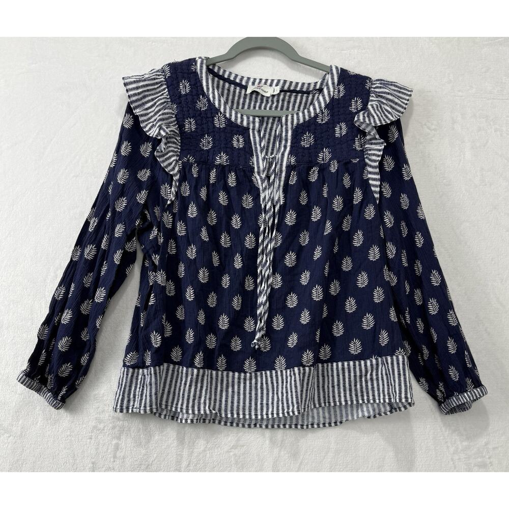 Vineyard Vines Deep Bay Fleur De Leaf Quilted Blouse Top Blue Ruffles Size L